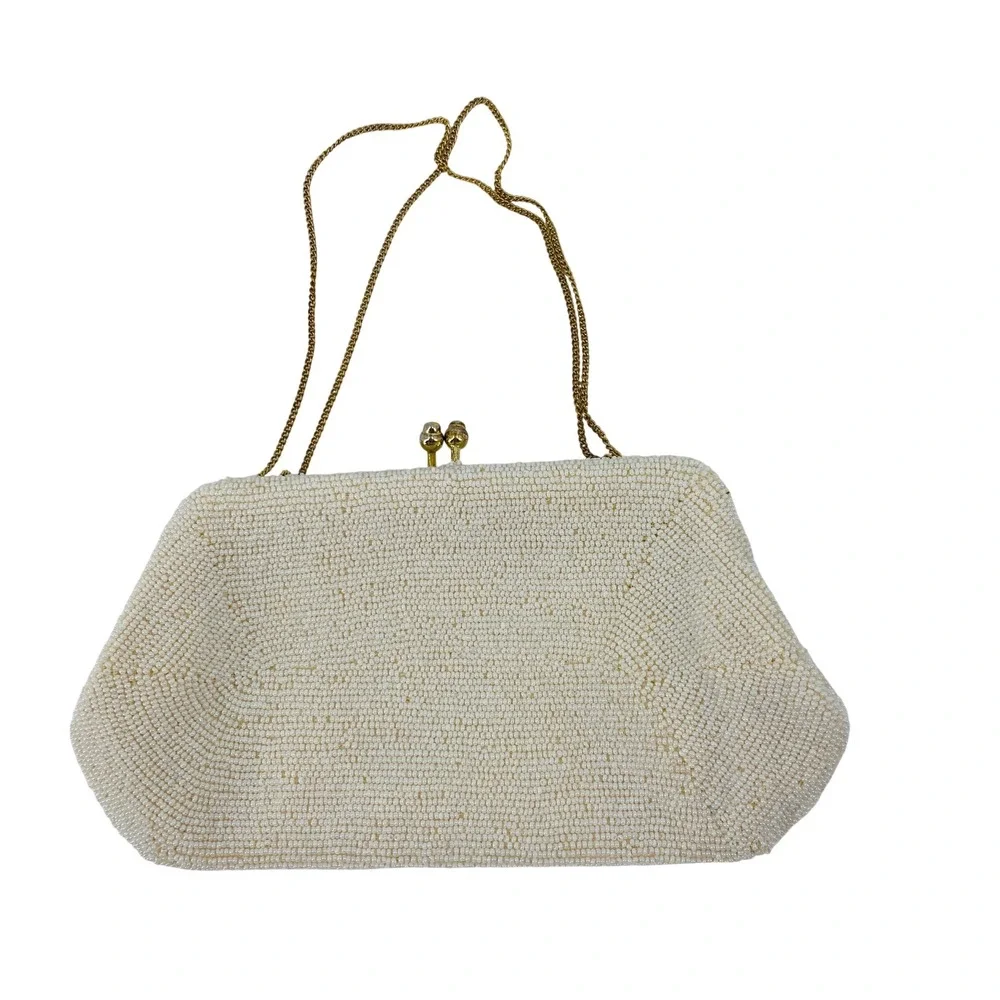 Vintage Beaded Clutch Bag Womens OS Cream Floral Kiss Lock Chain Strap